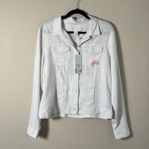 C&C California Embroidered Pink Flowers White Linen Blend Jacket Size Large